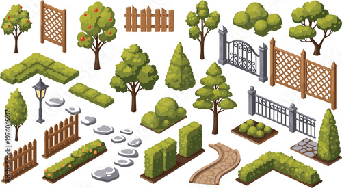 Isometric Garden Elements Illustration Set with Trees Bushes Fences Paths Stones Lamps and Landscaping Outdoor Design Collection