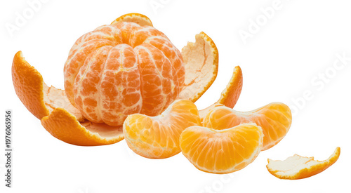 Fresh peeled mandarin orange fruit segments with skin on a white background, studio food isolated on a transparent background