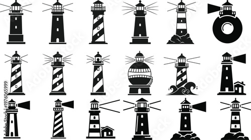 Lighthouse Icon Set with Coastal, Nautical, and Maritime Symbols for Navigation, Safety, and Seaside Designs