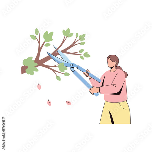 Woman pruning tree branches with large blue shears in flat colorful illustration for gardening or landscaping