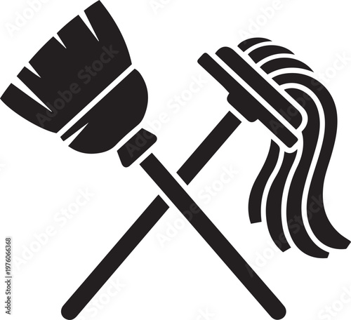 Crossed broom and mop for cleaning service concept against white background