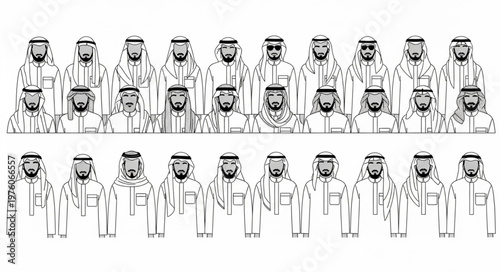 Group of Arab men in traditional attire, standing together in a line.