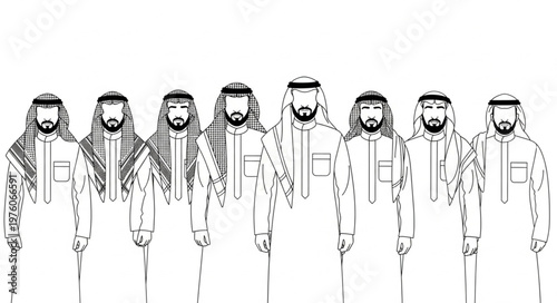 Group of Arab men in traditional attire standing together in a row.