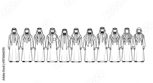 Group of Arab men in traditional attire standing together in a row.