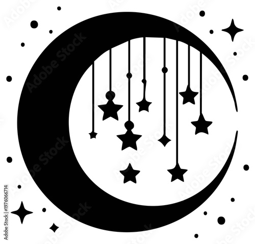 Crescent Moon with Hanging Stars Elegant Celestial Illustration Black and White Design