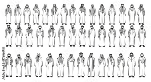 Group of Arab men in traditional attire standing together in a row.