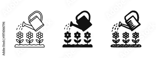 Gardening Watering Can and Flowers Icon Set. Outline, Filled, and Hand-Drawn Styles for Plant Care Symbols.