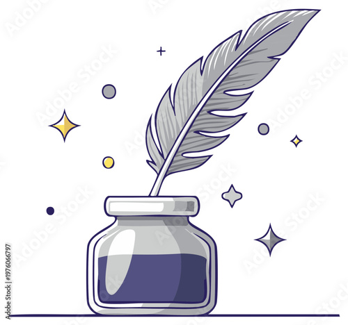 Elegant feather quill pen in an inkwell with decorative sparkles for writing and creativity