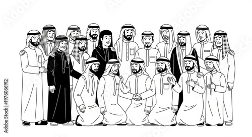 Group of Arab men in traditional attire, standing together in unity.