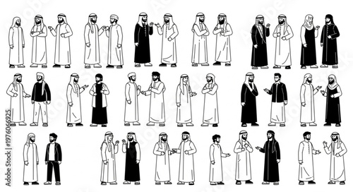Group of Arab men in traditional attire, standing together in various poses.