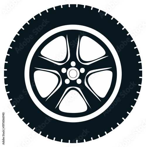 Stylized black car wheel with five spokes and tire tread pattern vector illustration