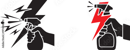 Hand spraying cleaner with electrical hazard symbol warning danger