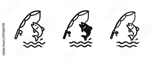 Fishing Rod and Jumping Fish Icon Set. Outline, Filled, and Hand-Drawn Styles for Outdoor Hobby Symbols.