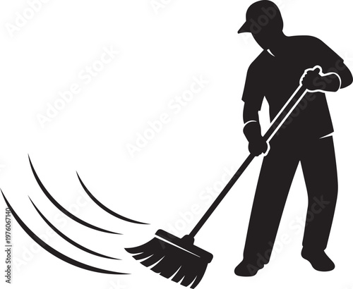 Janitor sweeping floor with broom silhouette against white background for cleaning services