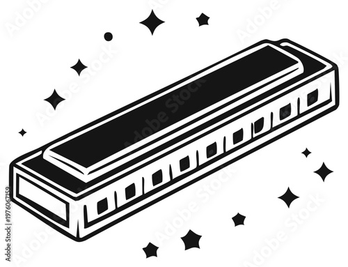 Sparkling Harmonica Musical Instrument Black and White Illustration Classic Blues Folk Music Clean Design