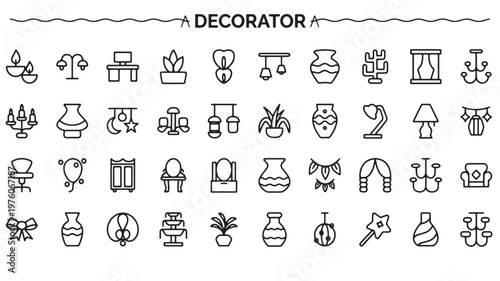 Home Decor Icons Set for Interior Design, Furniture and Decorative Accessories Line Vector