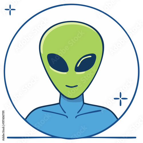 Friendly Green Alien Portrait Illustration with Stars in a Circle