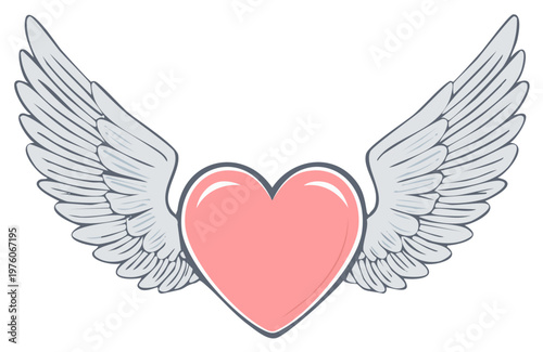 Flying heart icon with spreading angel wings representing love and freedom
