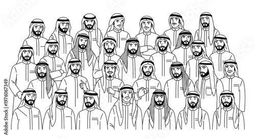 Group of Arab men in traditional attire, standing together, portrait.