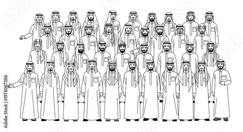 Group of Arab men in traditional attire, standing together, portrait.