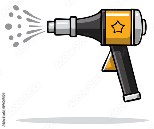 Yellow and black cartoon spray gun emitting water droplets an illustrative vector icon of a watering nozzle tool