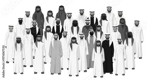 Group of Arab men in traditional attire standing together, portrait shot.