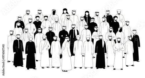 Group of Arab men in traditional attire, standing together, portrait.