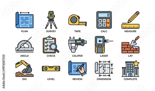Construction tools and equipment icons for planning and measurement