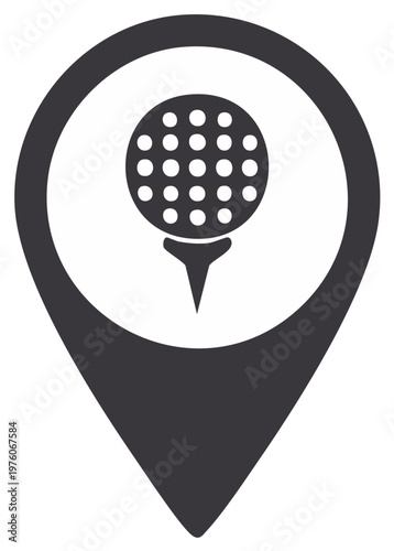Golf ball on tee inside location marker icon for golf course or golfing related navigation