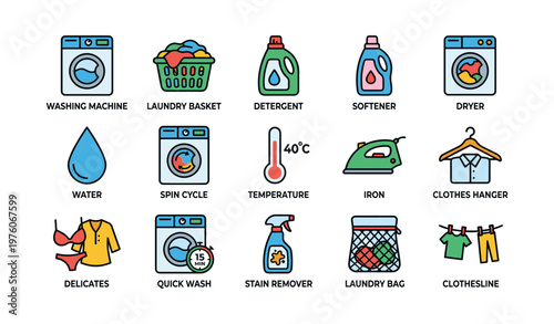 Laundry icons: washing, detergent, dryer, iron, clothesline, quick wash, stain remover
