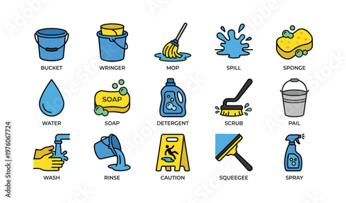 Cleaning equipment icons: mop, detergent, sponge, squeegee, caution sign