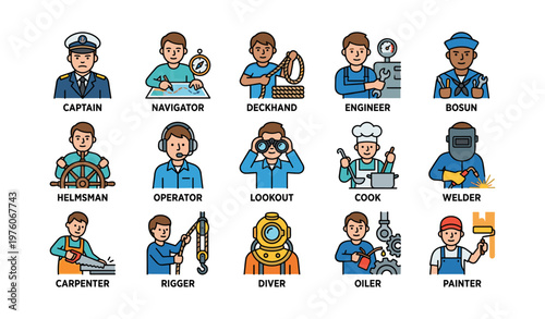 Illustrated icons of ship crew roles including captain navigator engineer and more