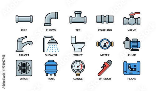 Plumbing icons: pipe, valve, faucet, shower, toilet, wrench, plans