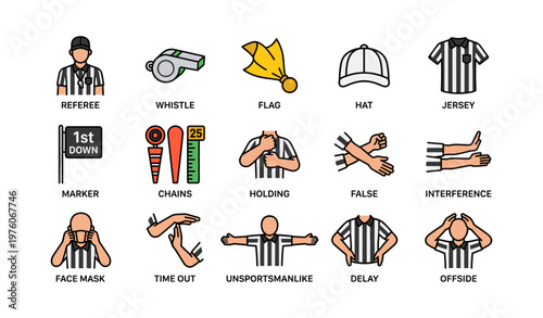 American football referee signals and equipment icons set