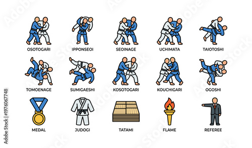 Illustrated judo techniques and equipment icons