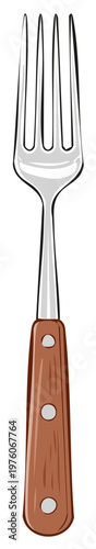 Cartoon style eating fork with four tines and a brown wooden handle featuring silver rivets