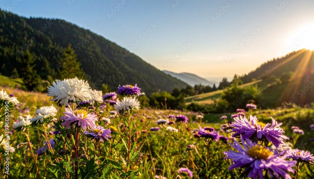 Obraz premium Flowers in a mountain meadow at sunset