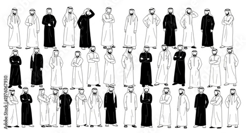 Group of Arab men in traditional clothing, various poses and stances.