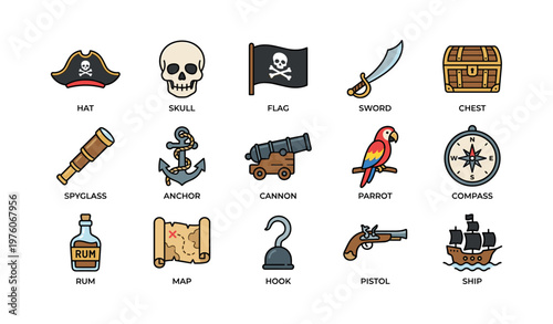Colorful pirate icons: hat, skull, flag, sword, and treasure chest