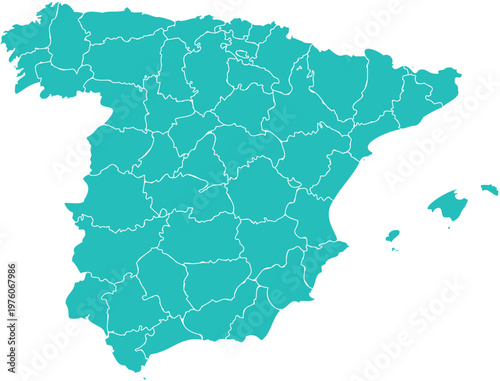 Teal Silhouette Map of Spain with Provincial Administrative Borders and Balearic Islands