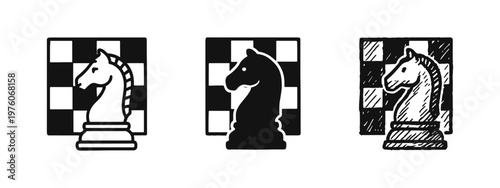 Chess Knight Piece Icons on Chessboard - Strategy, Game, and Competition Symbol in Outline and Solid Styles