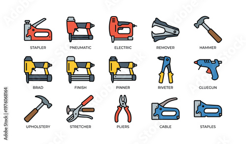 Tool icons collection: stapler, pneumatic, electric, remover, hammer, brad, finish, pinner, riveter, gluegun