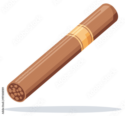 Single premium brown cigar with golden band and tightly rolled tobacco product
