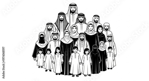 Group of Arab people in traditional clothing, black and white illustration.