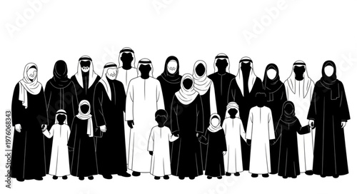 Group of Arab people in traditional clothing, standing together.