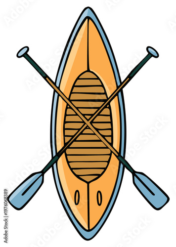 Isolated Illustration of a Hand Drawn Canoe with Crossed Paddles Overhead