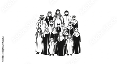 Group of Arab people in traditional clothing standing together.