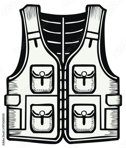 Illustration of a utilitarian vest with multiple pockets for hunting or fishing gear in monochrome style for outdoor sports