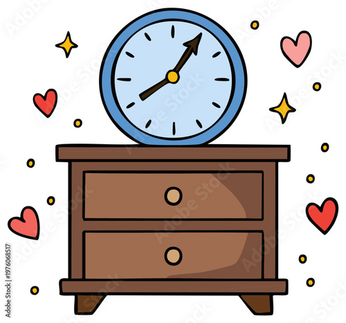 Charming cartoon alarm clock on a wooden nightstand surrounded by whimsical hearts and stars