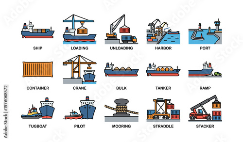 Shipping icons collection: cargo operations and maritime equipment